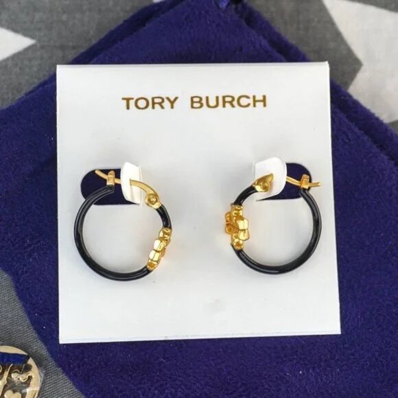 Tory Burch Jewelry - Tory Burch Small Eleanor Hoop Earrings in Black Enamel